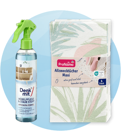 Spray per mobili Denkmit e panni Profissimo Allzwecktücher Maxi su sfondo azzurro sfumato