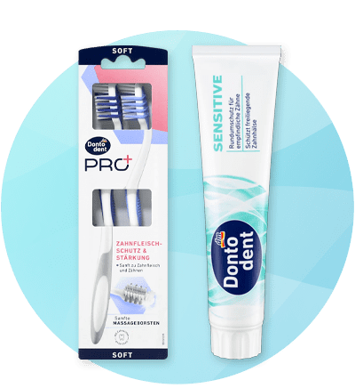 Dentifricio e spazzolino Dontodent per denti sensibili su sfondo azzurro sfumato