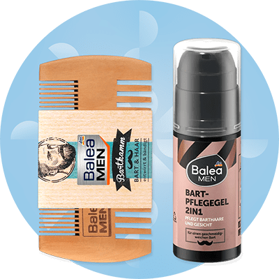 Pettine e gel per barba Balea Men su sfondo azzurro con elementi astratti bianchi