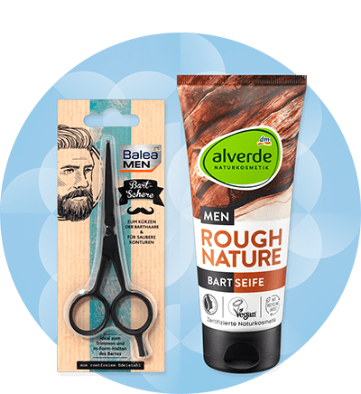 Forbici per barba Balea MEN e sapone per barba alverde su sfondo azzurro