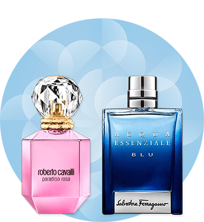 Profumi Roberto Cavalli Paradiso Rosa e Salvatore Ferragamo Acqua Essenziale Blu su sfondo blu