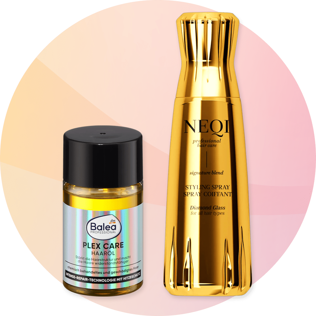 Prodotti per capelli: olio Balea Professional e spray styling NEQI su sfondo rosa sfumato