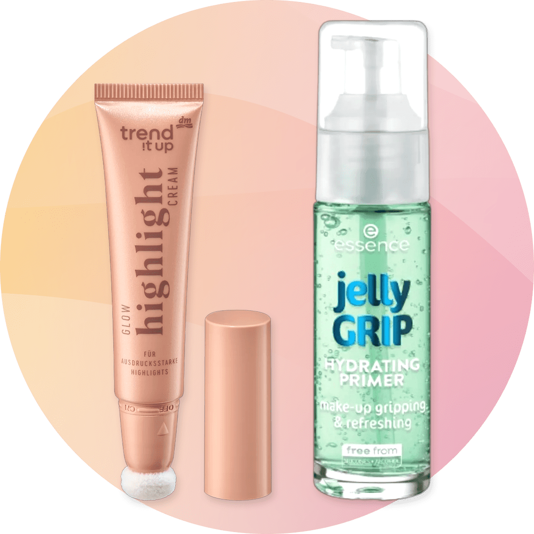 Cosmetici con crema illuminante trend it up e primer idratante essence su sfondo rosa sfumato