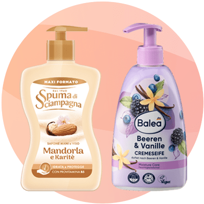Sapone mani: sapone Spuma di Sciampagna alla mandorla e karitè e sapone mani Balea alle more e vaniglia.