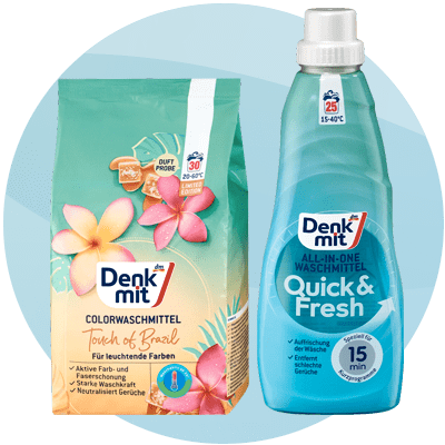 Detersivo in polvere Touch of Brazil e detersivo liquido per lavatrice Quick & Fresh di Denkmit.