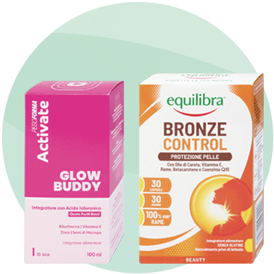 Due confezioni di integratori cosmetici: Activate Glow Buddy rosa e Equilibra Bronze Control arancione