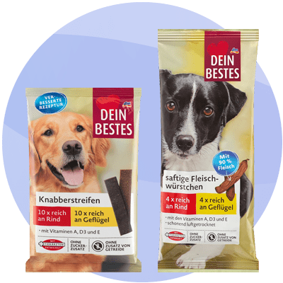 Snack per cani due confezioni Dein Bestes con cani e immagini di bastoncini e würstchen