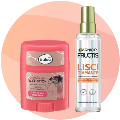 Prodotti per lo styling dei capelli: cera di Balea e spray lisci diamante di Garnier FRUCTIS.