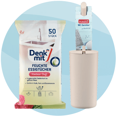 Prodotti per le pulizie di casa: salviette umidificate all'aceto Denkmit e scopino per WC Profissimo.
