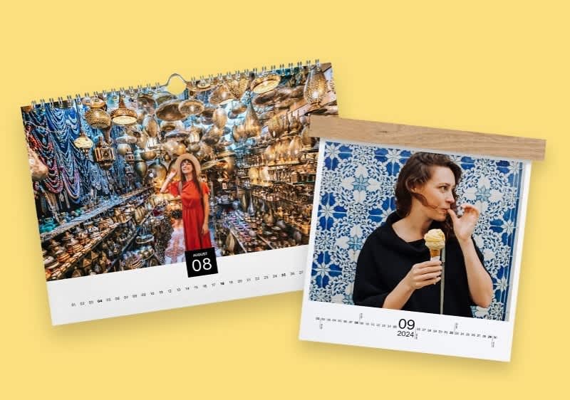 Calendari fotografici con donna in mercato e donna con gelato davanti a piastrelle su sfondo giallo