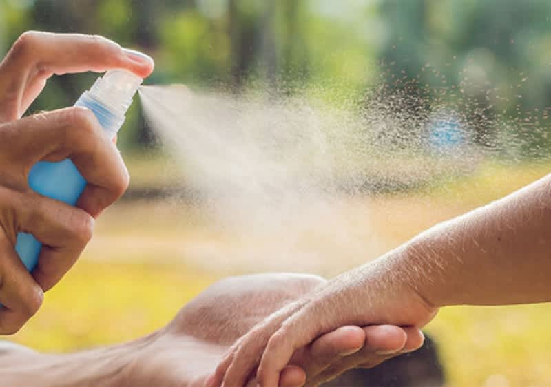 Genitore spruzza spray repellente per insetti sul braccio di un bambino all'aperto