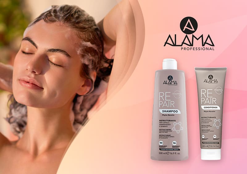 Prodotti per capelli Alama Repair su tavolo con sfondo sfocato con slogan Se m'ama è Alama Professional
