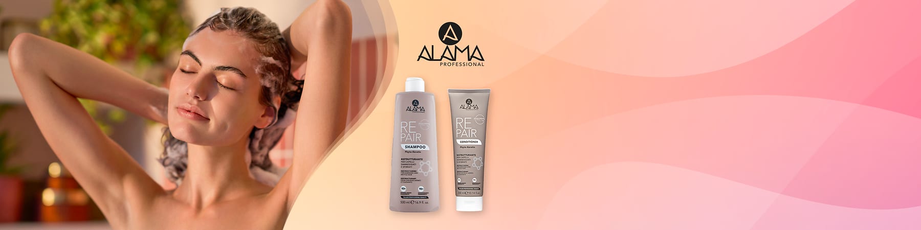 Prodotti per capelli Alama Repair su tavolo con sfondo sfocato con slogan Se m'ama è Alama Professional