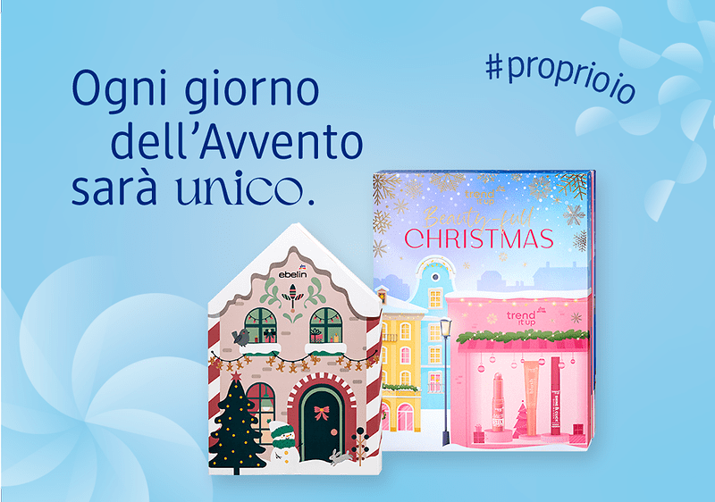 Calendari dell'Avvento a marchio dm con case colorate e scritta Ogni giorno dell'Avvento sarà unico