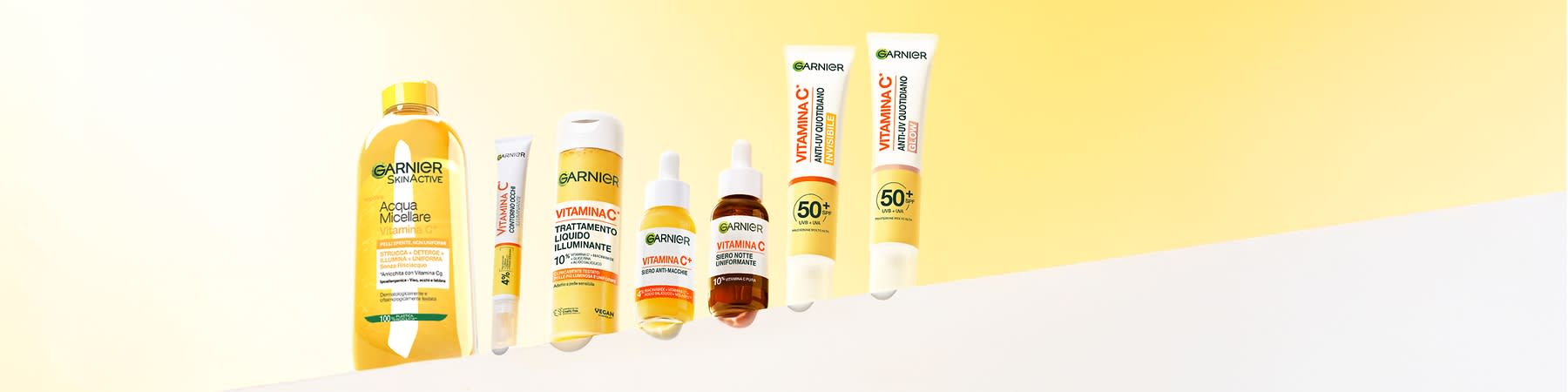 Prodotti Garnier con vitamina C su sfondo giallo