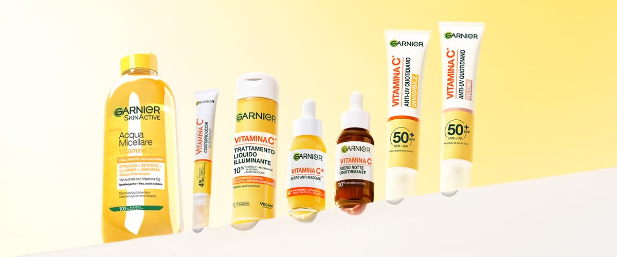 Prodotti Garnier con vitamina C su sfondo giallo