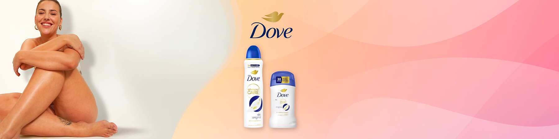 Prodotti Dove su sfondo sfumato rosa e arancione