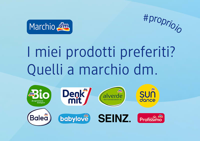 Marchio dm con loghi di prodotti preferiti su sfondo blu