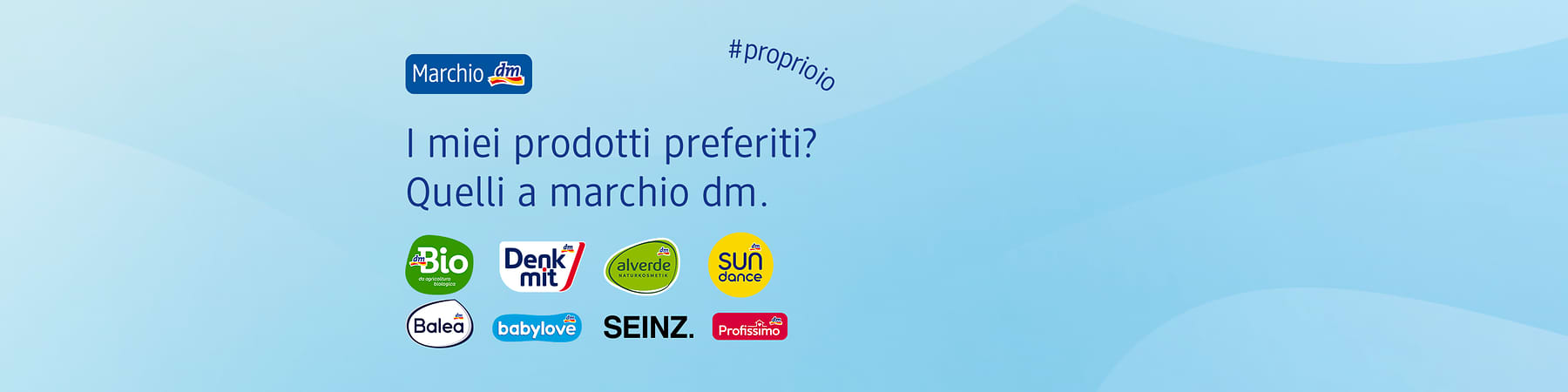 Marchio dm con loghi di prodotti preferiti su sfondo blu