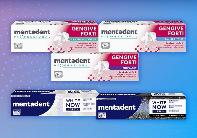 Dentifrici Mentadent White Now e Gengive forti su sfondo blu sfumato