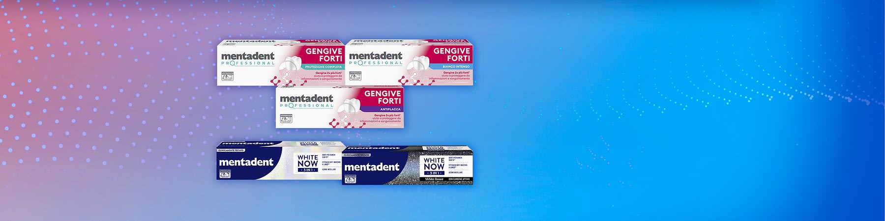 Dentifrici Mentadent White Now e Gengive forti su sfondo blu sfumato