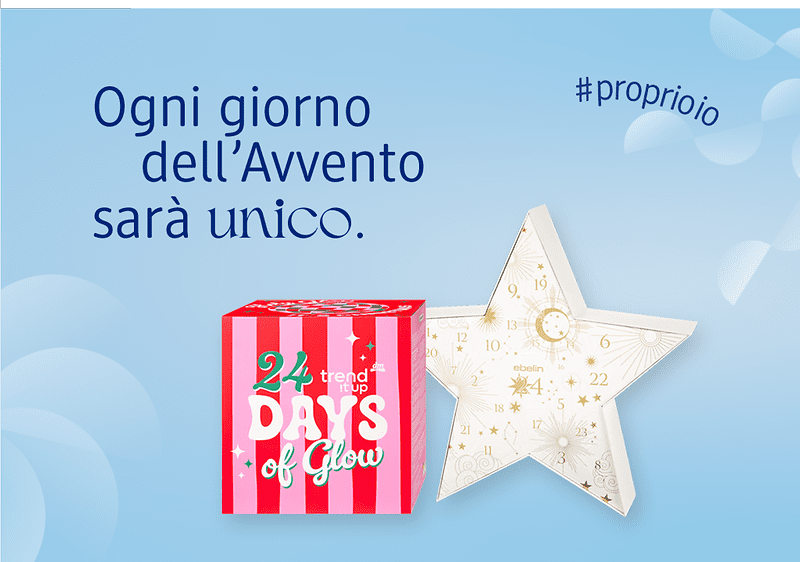 Sfondo azzurro con testo in alto a sinistra «Ogni giorno dell’Avvento sarà unico»; a destra in alto hashtag «#proprioio»; in basso a sinistra confezione quadrata rosa e rossa con scritta bianca e verde «24 Days of Glow»; a destra calendario stellare avvento bianco con numeri dorati