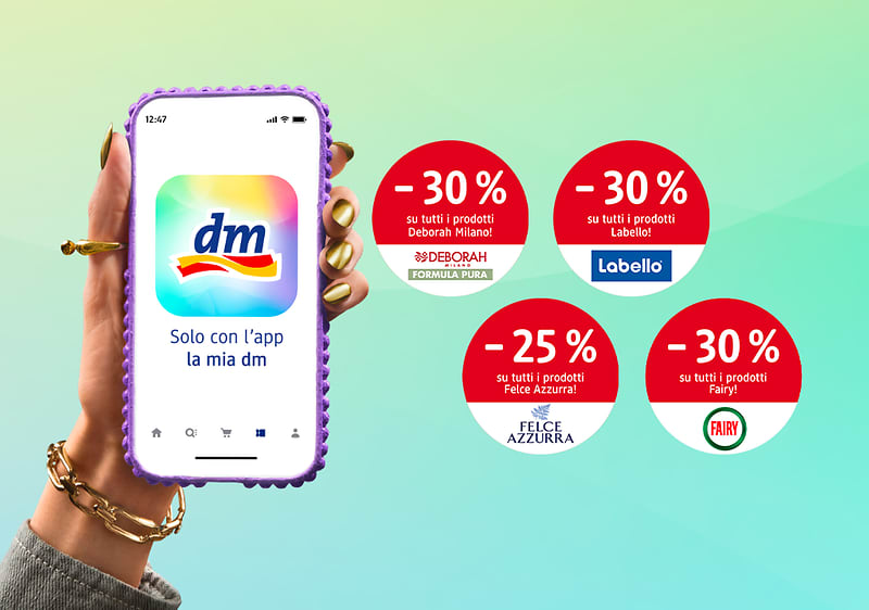 Offerte del mese app la mia dm con sconti su Deborah Milano, Labello, Felce Azzurra e Fairy