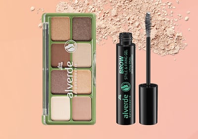 Palette ombretti e gel sopracciglia alverde su sfondo arancione