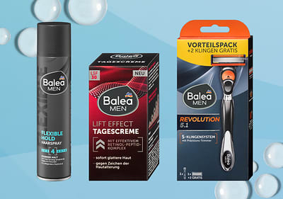 Prodotti Balea Men: lacca per capelli, crema giorno viso, rasoio su sfondo azzurro sfumato con bolle