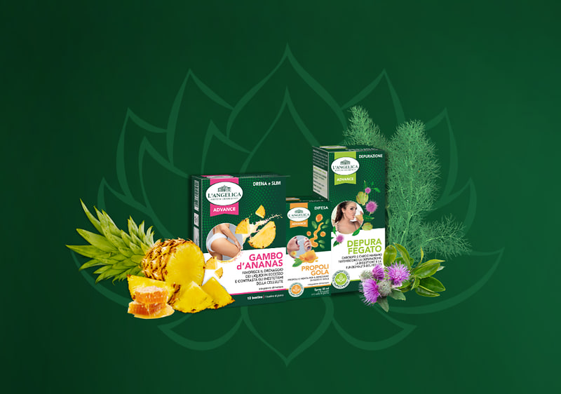 Integratori alimentari per drenare e depurare con ananas e erbe su sfondo verde