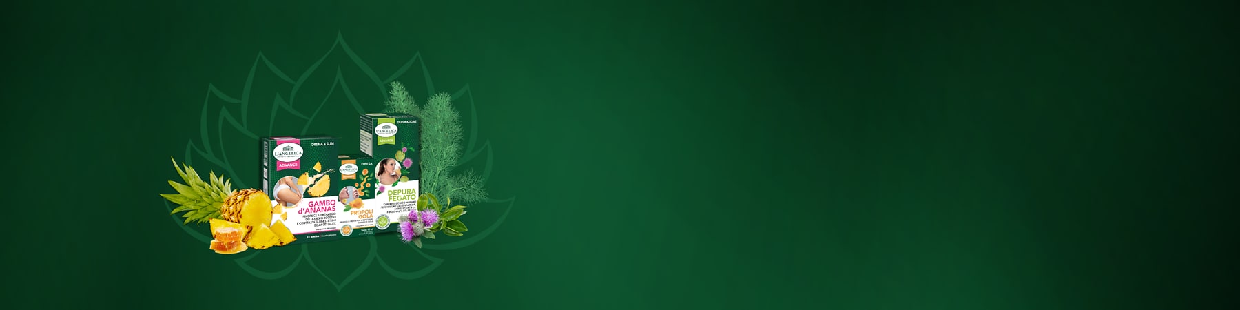 Integratori alimentari per drenare e depurare con ananas e erbe su sfondo verde