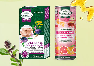 Integratore per intestino e tisana fredda drenante anticellulite con erbe e frutta L'Angelica su sfondo verde sfumato