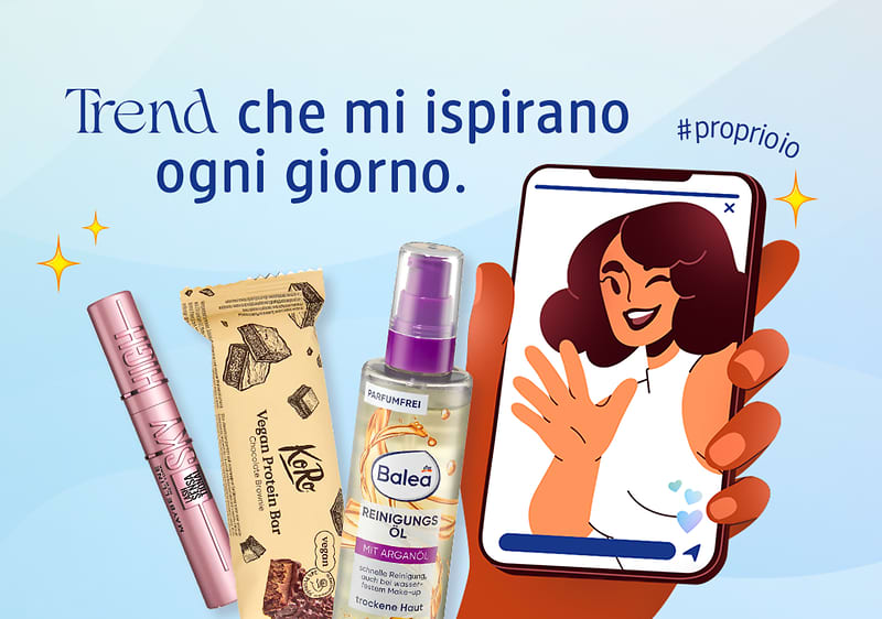Prodotti di bellezza e snack di tendenza con illustrazione di donna su smartphone