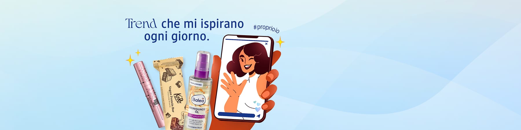 Prodotti di bellezza e snack di tendenza con illustrazione di donna su smartphone