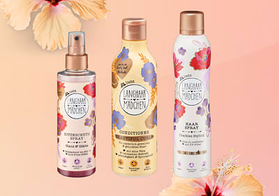 Prodotti per capelli Langhaarmädchen con fiori su sfondo rosa