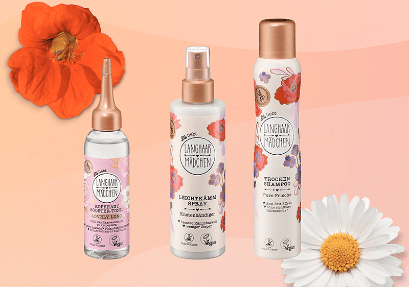Prodotti per capelli Langhaarmädchen con fiori su sfondo rosa