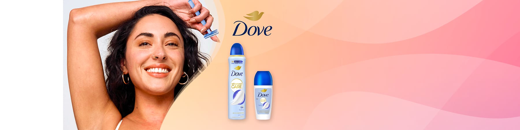 Dove deodorante spray e roll-on su sfondo rosa con donna che si rade il braccio