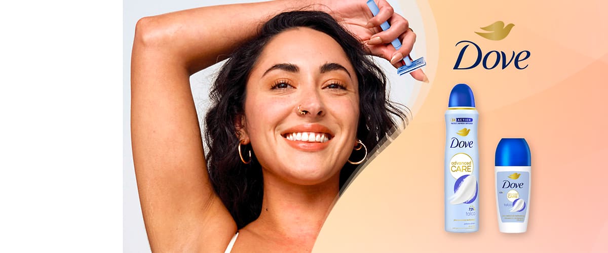 Dove deodorante spray e roll-on su sfondo rosa con donna che si rade il braccio
