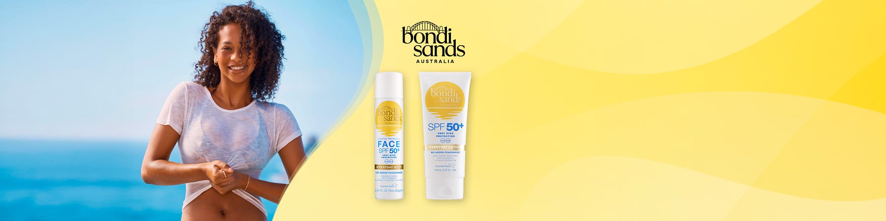 Bondi Sands prodotti solari SPF 50+ su sfondo spiaggia