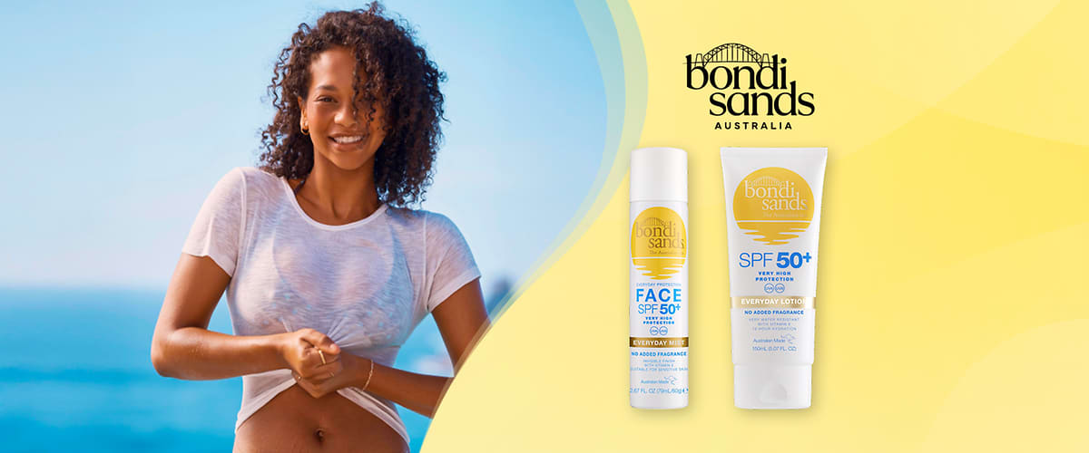 Bondi Sands prodotti solari SPF 50+ su sfondo spiaggia