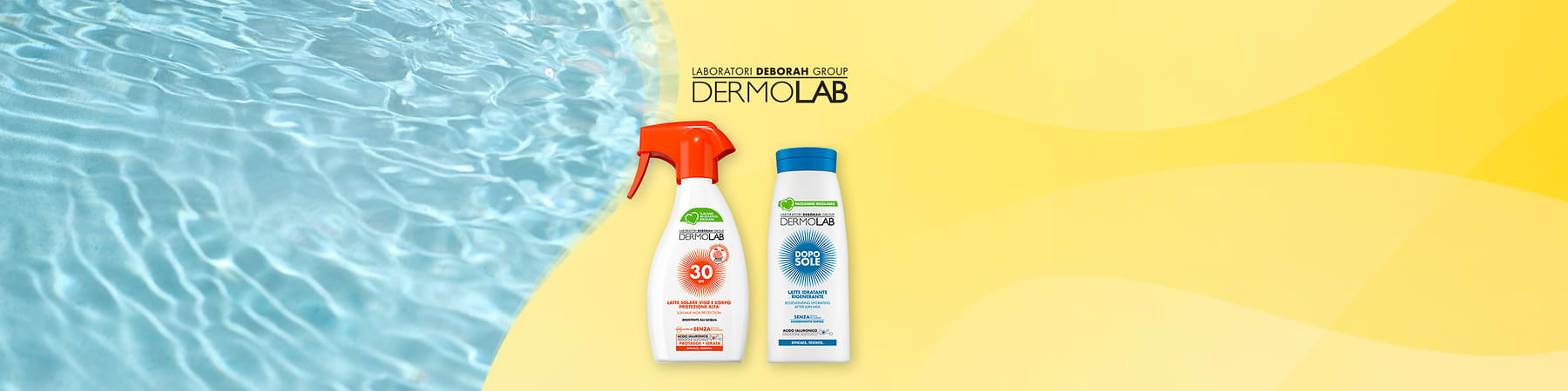 Dermolab spray solare SPF30 e doposole su sfondo giallo con acqua riflettente