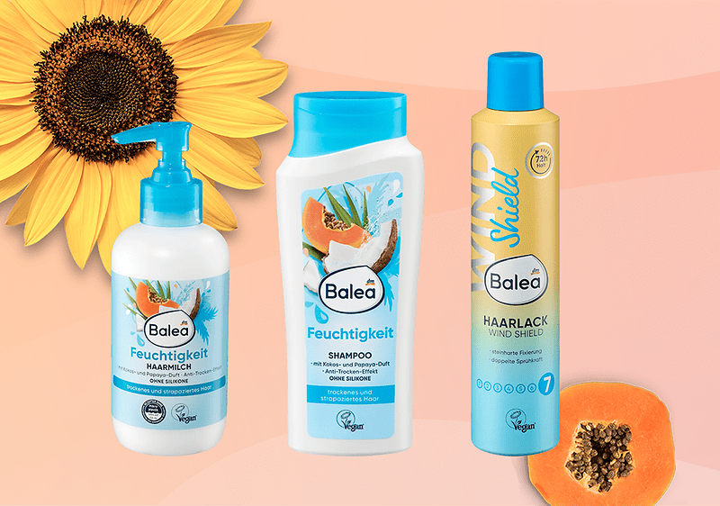 Prodotti per capelli Balea su sfondo arancione