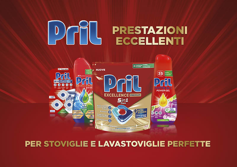 Gamma prodotti Pril per stoviglie e lavastoviglie su sfondo rosso
