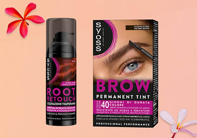 Prodotti Syoss per la colorazione di capelli e sopracciglia su sfondo rosa con fiori