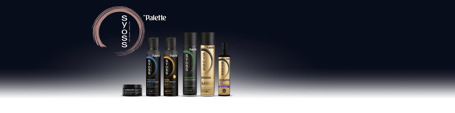 Prodotti per lo styling dei capelli a marchio syoss su sfondo scuro