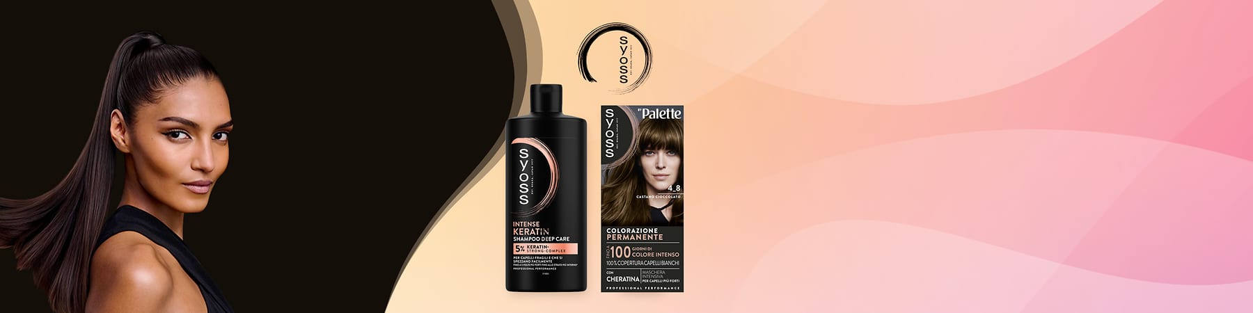 Colorazione permanente Syoss confezione e tubo accanto a donna con capelli lunghi e lisci