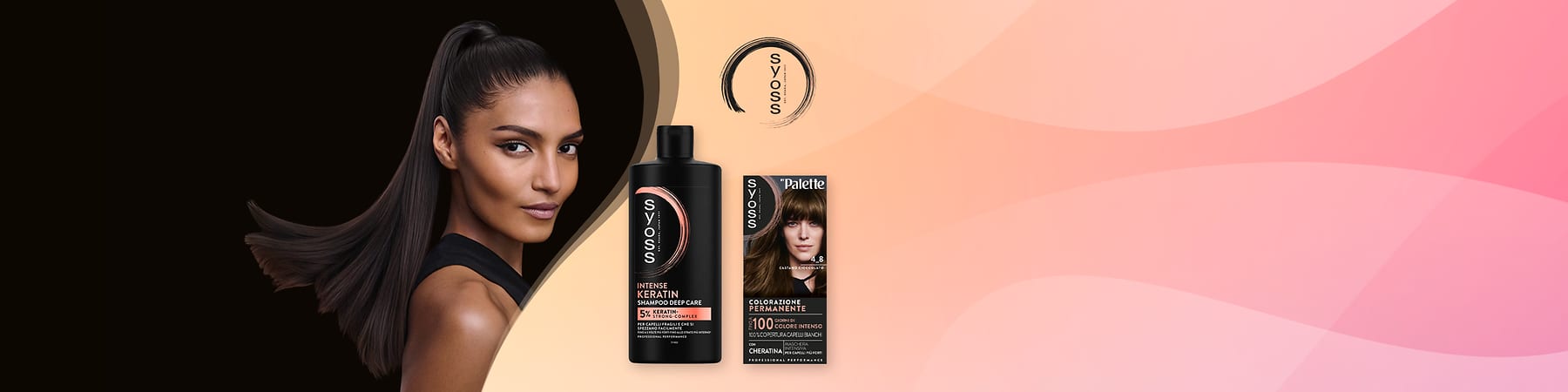 Colorazione permanente Syoss confezione e tubo accanto a donna con capelli lunghi e lisci