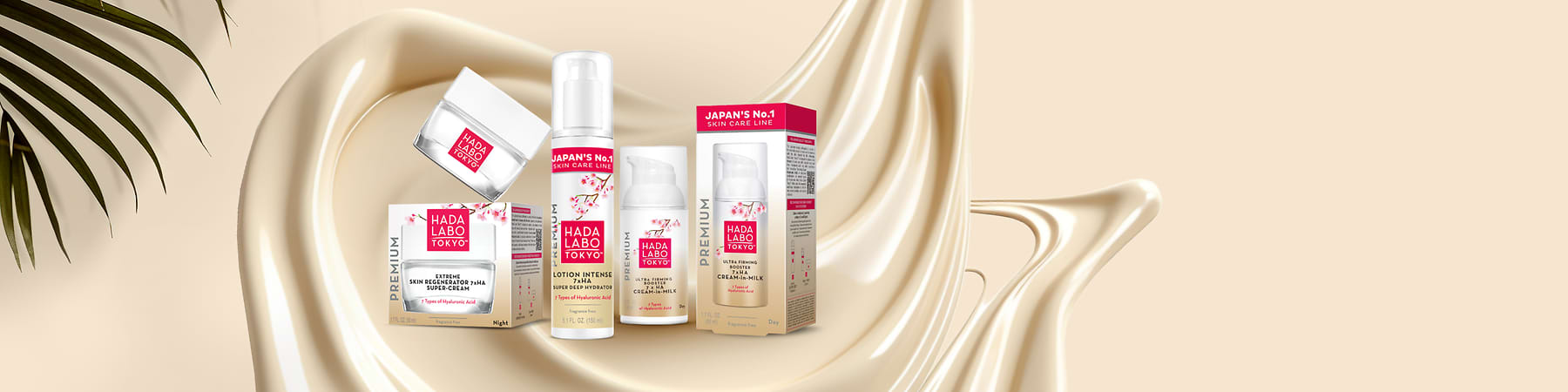 Prodotti Hada Labo Tokyo per la cura della pelle su sfondo crema