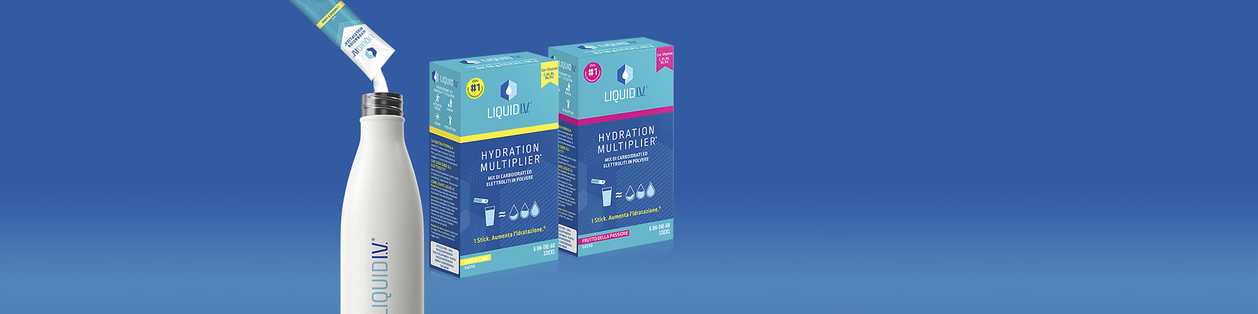 Integratore Liquid IV con bottiglia e confezioni su sfondo blu