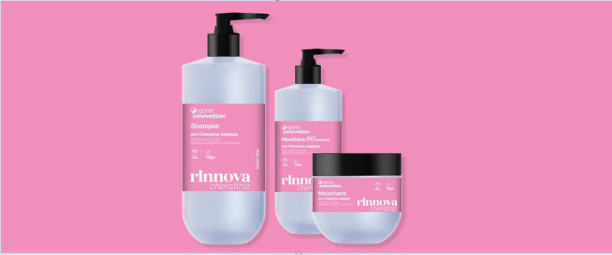 Prodotti per capelli Organic Innovation con acido ialuronico su sfondo viola